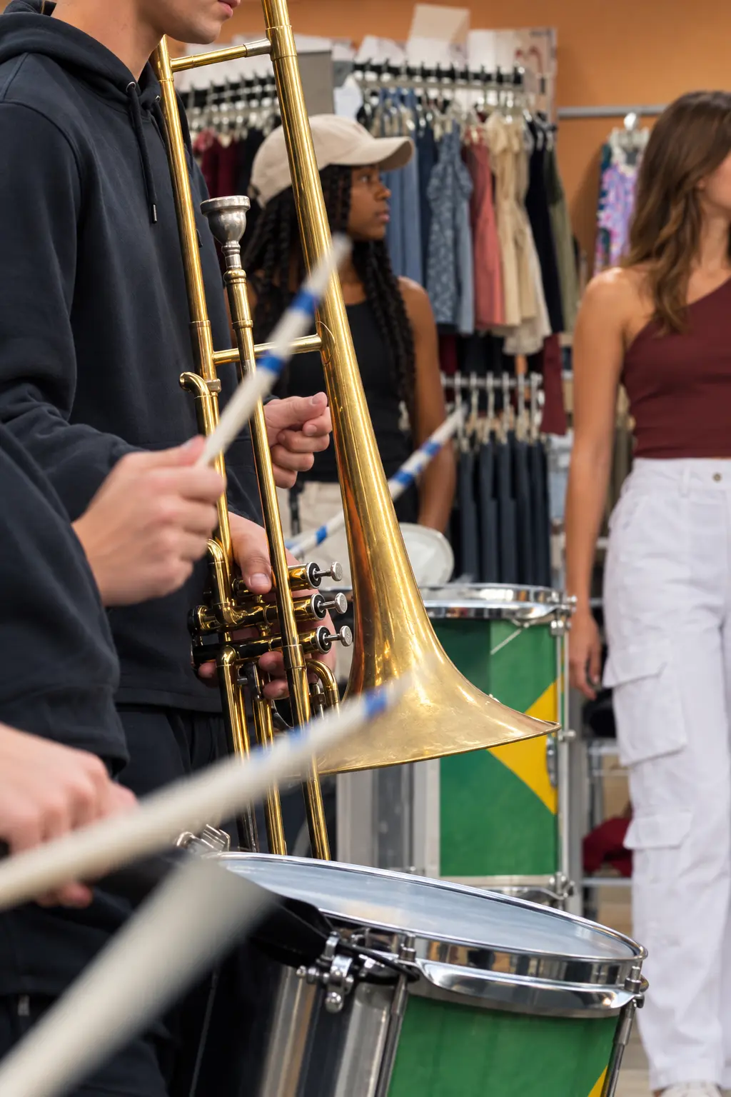 Fanfarra com trombone e caixas com as cores do Brasil