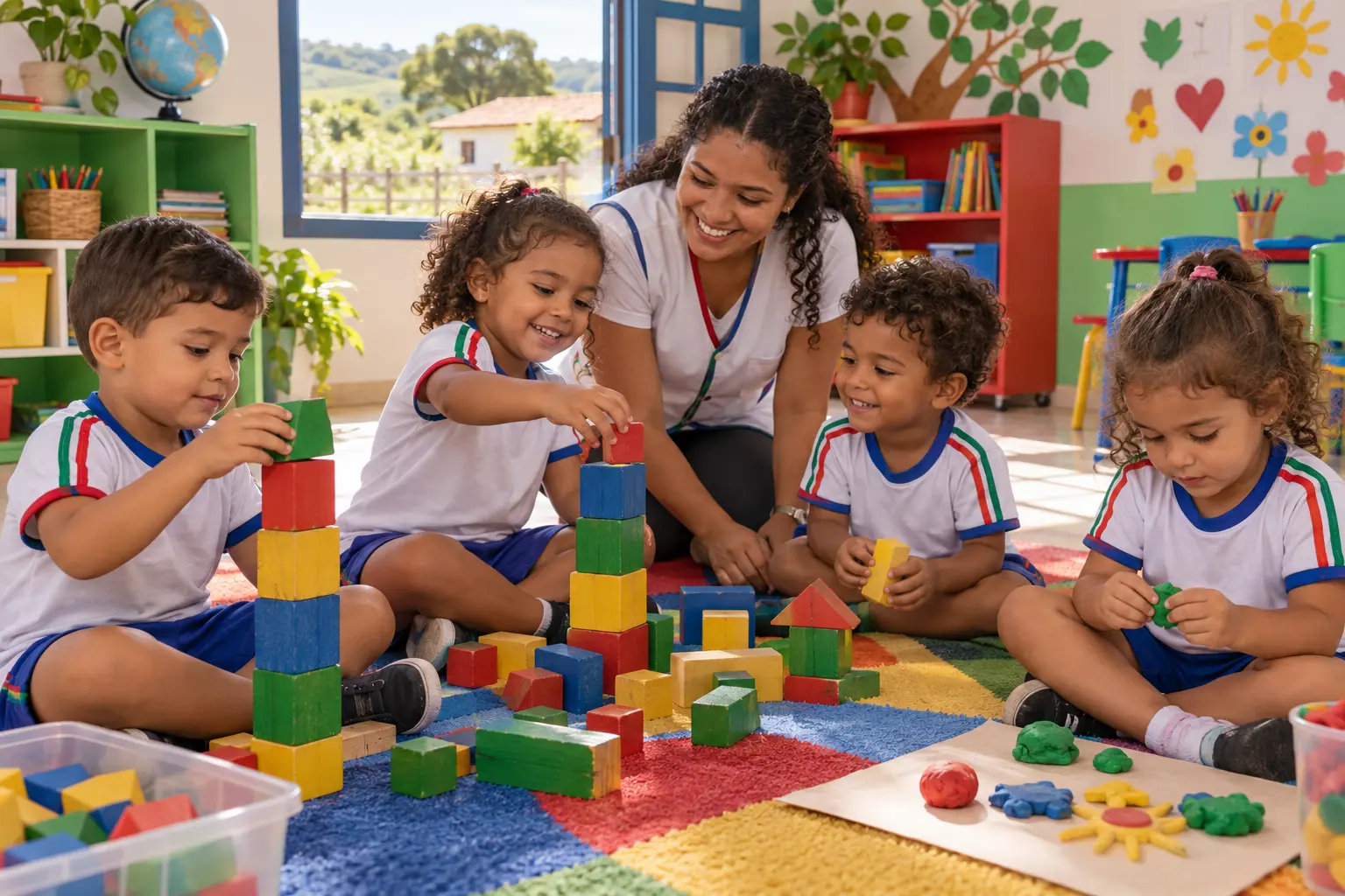 Crianças da Educação Infantil brincando com blocos de madeira e massinha com a professora