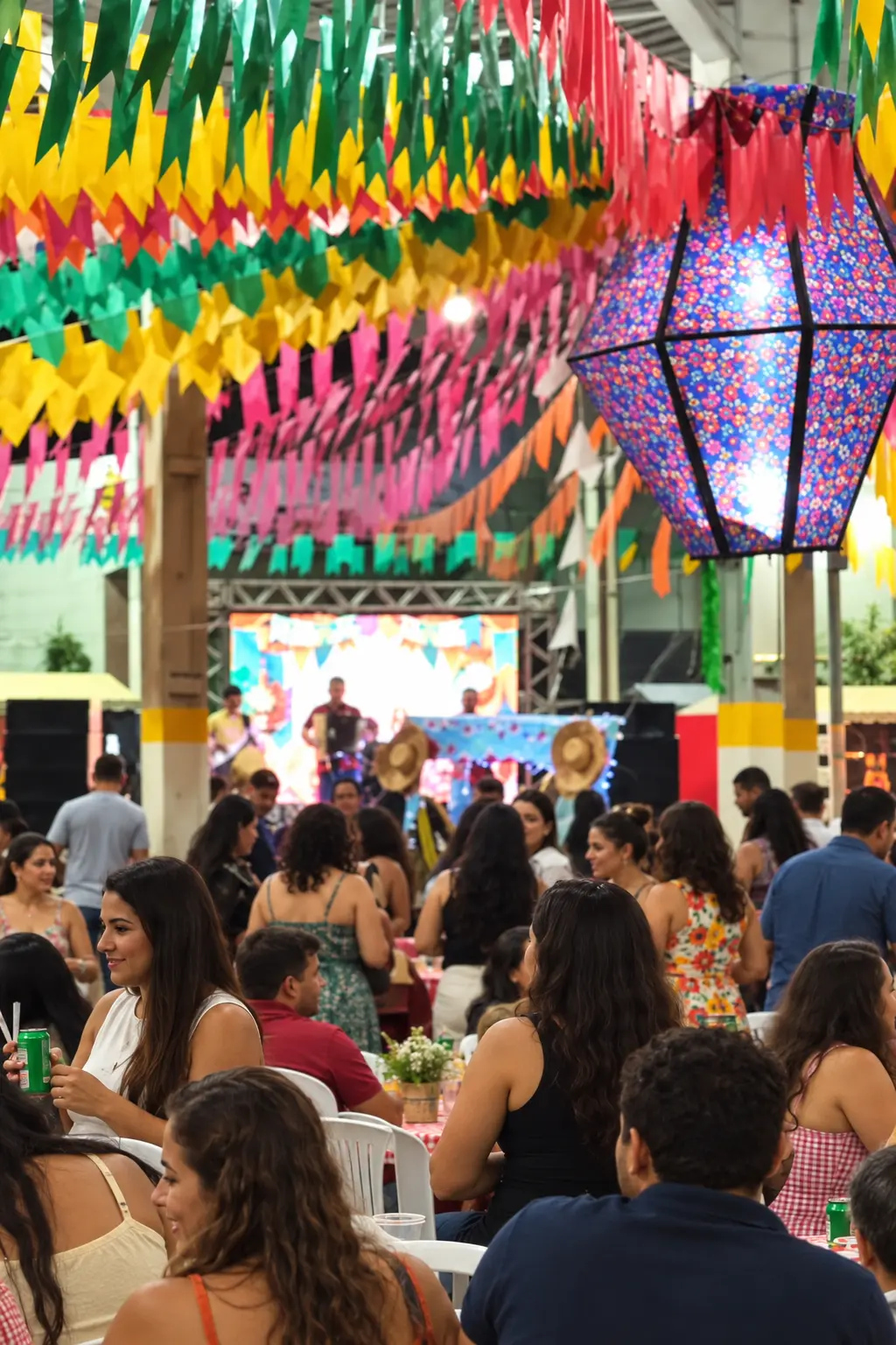 Festa junina da escola com bandeirinhas, balão decorativo e famílias reunidas