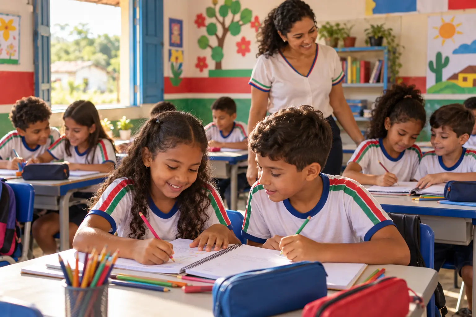 Alunos com camiseta branca, verde, vermelha e azul fazendo atividade em sala com a professora